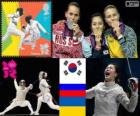 Podio scherma sciabola individuale femminile, Kim Ji-Yeon (Corea del sud), Sofia Velikaja (Russia) e Olga Jarlan (Ucraina) - Londra 2012-