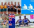 Podio canottaggio 2 senza femminile, Helen Glover, Heather Stanning (Regno Unito), Kate Hornsey, Sarah Tait (Australia) e Juliette Haigh, Rebecca Scown (Nuova Zelanda) - Londra 2012 -