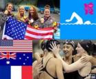 Podium nuoto Staffetta 4x200 m stile libero femminile, Stati Uniti, Australia e Francia