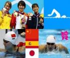 Podi nuoto 200 m farfalla donne, Jiao Liuyang (Cina), Mireia Belmonte (Spagna) e Natsumi Koshi (Giappone) - Londra 2012-