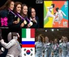 Podio scherma fioretto a squadre femminile, Italia, Russia e Corea del Sud - Londra 2012-