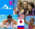 Podio nuoto 200 m Rana femminili, Rebecca Soni (Stati Uniti), Satomi Suzuki (Giappone), Julija Efimova (Russia) - Londra 2012-