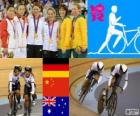 Ciclismo velocità pista per squadre femminili, Kristina Vogel, Miriam Welte (Germania), Jinjie Gong, Shuang Guo (Cina) e Kaarle McCulloch, Anna Meares (Australia) - Londra 2012 - podio