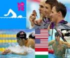 Podio Nuoto 200 metri misti maschili, Michael Phelps, Ryan Lochte (Stati Uniti) e László Cseh (Ungheria) - Londra 2012-