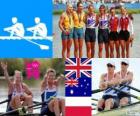 Podio canottaggio 2 di coppia femminile, Anna Watkins, Katherine Grainger (Regno Unito), Kim Crow, Brooke Pratley (Australia) e Magdalena Fularczyk, Julia Michalska (Polonia) - Londra 2012-