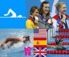 Podium nuoto 800 m stile libero femminile, Katie Ledecky (Stati Uniti), Mireia Belmonte (Spagna) e Rebecca Adlington (Regno Unito) - Londra 2012-