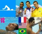 Podium nuoto 50 m stile libero maschili, Florent Manaudou (Francia), Cullen Jones (Stati Uniti) e César Cielo (Brasile) - Londra 2012-