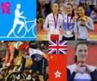 Podio ciclismo su pista Keirin femminile, Victoria Pendleton (Regno Unito), Guo Shuang (Cina) e Lee Wai-Sze (Hong Kong) - Londra 2012-