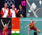 Podio Badminton Singolo femminile, Li Xuerui (Cina), Wang Yihan (Cina) e serva Nehwal (India) - Londra 2012-