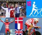 Podio ciclismo su pista omnium maschile, Lasse Norman Hansen (Danimarca), Bryan Coquard (Francia) ed Edward Clancy (UK), Londra 2012