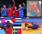 Podio lotta greco-romana 120 kg maschio, Patrizia Núñez López (Cuba), Heiki Nabi (Estonia), Johan Euren (Svezia) e Riza Kayaalp (Turchia), Londra 2012