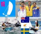 Podio vela laser maschile, Tom Slingsby (Australia), Pavlos Kontides (Cipro) e Rasmus Myrgren (Svezia), Londra 2012