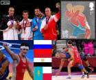 Podio lotta greco-romana 84 kg maschile, Alan Khugaev (Russia), Karam Gaber (Egitto), Gianluca Gazhiyev (Kazakistan) e Damian Janikowski (Polonia), Londra 2012