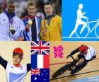 Podio ciclismo pista velocità individuale maschile, Jason Kenny (Regno Unito), Grégory Baugé (Francia) e Shane Perkins (Australia), Londra 2012