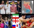 Podio lotta greco-romana 60 kg maschile, Omid Noroozi (Iran), Revaz Lashji (Georgia), Zaur Kuramagomedov (Russia) e Ryutaro Matsumoto (Giappone), Londra 2012