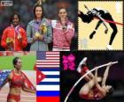 Podio atletica salto con l'asta femminile, Jennifer Suhr (Stati Uniti), Yarisley Silva (Cuba) ed Elena Isinbaeva (Russia), Londra 2012