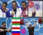 Podio pesi oltre 105 kg, Valentina Salimikordasiabi, Sajjad Anoushiravani (Iran) e Ruslan Albegov (Russia) - Londra 2012-