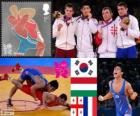 Podio lotta greco-romana 66 kg maschile, Kim Hyeon-Woo (Corea del Sud), Tamás Lőrincz (Ungheria), Manuchar Tsjadaya (Georgia) e Steeve Guénot (Francia), Londra 2012