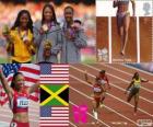 Podio atletica 200 metri femminile, Allyson Felix (Stati Uniti), Shelly-Ann Fraser-Pryce (Giamaica) e Carmelita Jeter (Stati Uniti), Londra 2012