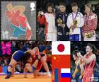 Podio lotta libera 63 kg femminile, Kaori Icho (Giappone), Jing Ruixue (Cina), Batsetseg Soronzobold (Mongolia) e Lyubov Volosova (Russia), Londra 2012