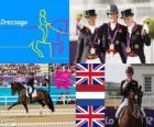 Podio equitazione dressage individuale, Charlotte Dujardin (Regno Unito), Adeline Cornelissen (Paesi Bassi) e Laura Bechtolsheimer (Regno Unito), Londra 2012