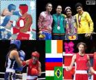 Podio boxe leggeri femminile, Katie Taylor (Irlanda), Sofya Ochigava (Russia), Mavzuna Chorieva (Tajikistan) e Adriana Araujo (Brasile), Londra 2012