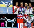 Podio Taekwondo - 57 kg femminile, Jade Jones (Regno Unito), Hou Yuzhuo (Cina), Marlene Harnois (Francia) e Li-Cheng Tseng (Taipei cinese), Londra 2012
