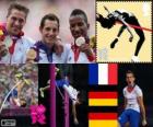 Podio atletica salto con l'asta uomini, Renaud Lavillenie (Francia), Bjorn Otto e Raphael Holzdeppe (Germania), Londra 2012