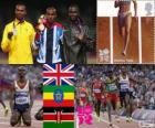 Podio atletica 5.000 m uomini, Mohamed Farah (Regno Unito), Dejen Gebremeskel (Etiopia) e Thomas Longosiwa (Kenya), Londra 2012