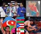 Podio lotta libera 84 kg maschile, Sharif Sharifov (Azerbaigian), Jaime Espinal (Puerto Rico), Dato Marsagishvili (Georgia) ed Ehsan Lashgari (Iran), Londra 2012