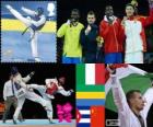 Podio Taekwondo oltre 80 Kg uomini, Carlo Molfetta (Italia), Anthony Obame (Gabon), Robelis Despaigne (Cuba) e Liu Xiaobo (Cina), Londra 2012