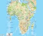 Mappa di Africa. Il continente africano si trova tra gli oceani Atlantico, Indiano e Pacifico. Inoltre confina con il Mar Mediterraneo e Mar Rosso