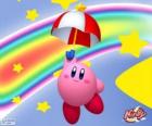 Kirby con un ombrello che vola tra le stelle e l'arcobaleno