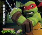Raffaello, la tartaruga ninja più aggressivo con le braccia in mano, un paio di Sai, una triplice pugnale