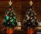 Due immagini di un bellissimo albero di Natale, le luci cambiano di colore