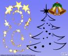 Il numero otto con uno sfondo blu, un albero e campane di Natale