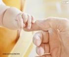 Bambino che raccoglie il dito di suo padre