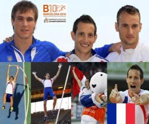 Rompicapo di Renaud Lavillenie Campione del salto con l'asta, e Przemys&#322;aw Czerwinski Maxym Masuryk (2 ° e 3 °) dei Campionati europei di atletica leggera 2010 di Barcellona