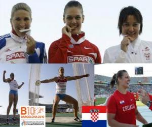 Rompicapo di Sandra campione Perkovic nel lancio del disco, e Joanna Wisniewska Nicoleta Grasu (2 ° e 3 °) di atletica leggera Campionati europei di Barcellona 2010