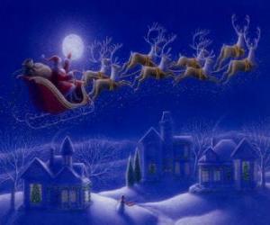 Rompicapo di Santa Claus nella sua magica slitta trainata da renne volanti nella notte di Natale