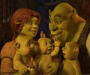 Rompicapo di Shrek e Fiona e di amore molto felici con i loro tre figli