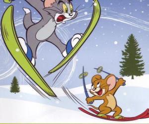 Rompicapo di Tom e Jerry in mezzo alla neve con gli sci