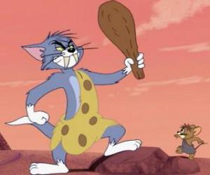 Rompicapo di Tom vestito da uomo delle caverne con una mazza per schiacciare Jerry