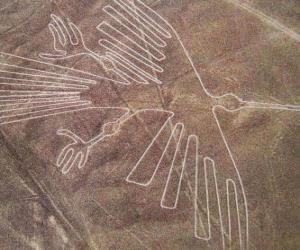Rompicapo di Veduta aerea delle figure, un uccello, una parte delle linee di Nazca nel deserto di Nazca, in Perù