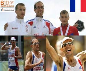 Rompicapo di Yohann Diniz campione di 50 km a piedi, e Sergey Bakulin Grzegorz Sudol (2 ° e 3 °) di atletica leggera Campionati europei di Barcellona 2010