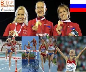 Rompicapo di Yulia Zarudneva 3000 m siepi campionessa Marta Dominguez e Liubov Jarlamova (2 ° e 3 °) dei Campionati europei di atletica leggera 2010 di Barcellona
